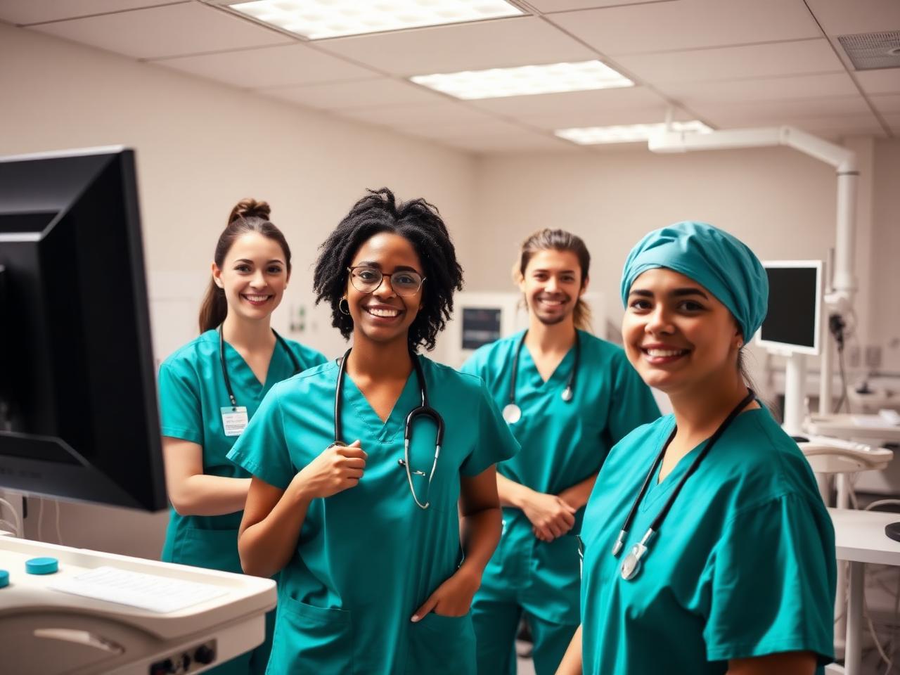 Allied health students in scrubs practicing clinical skills in a training lab